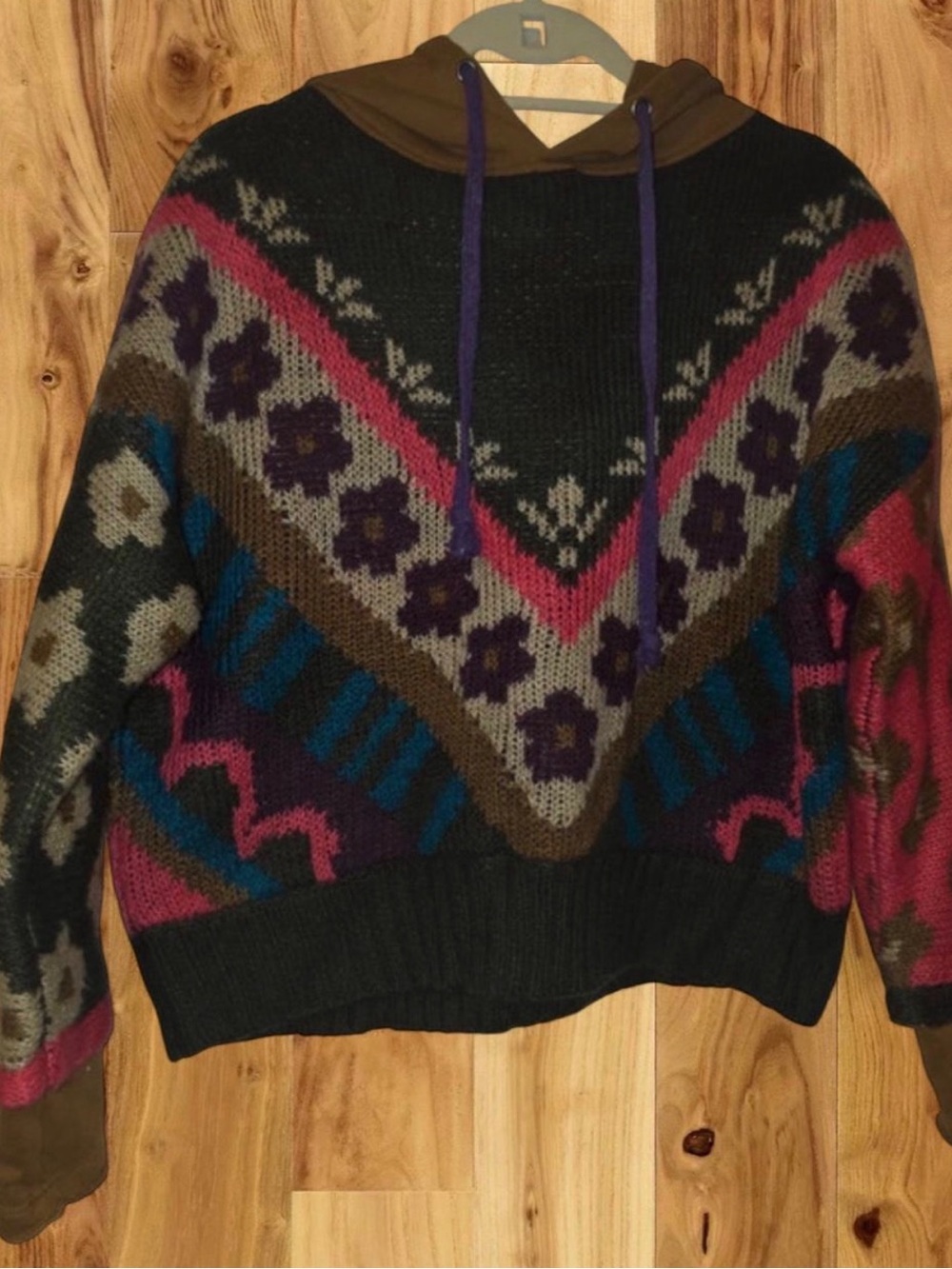 NATURAL LIFE Multicolor Floral Chevron Hooded Sweater - Brown Hood